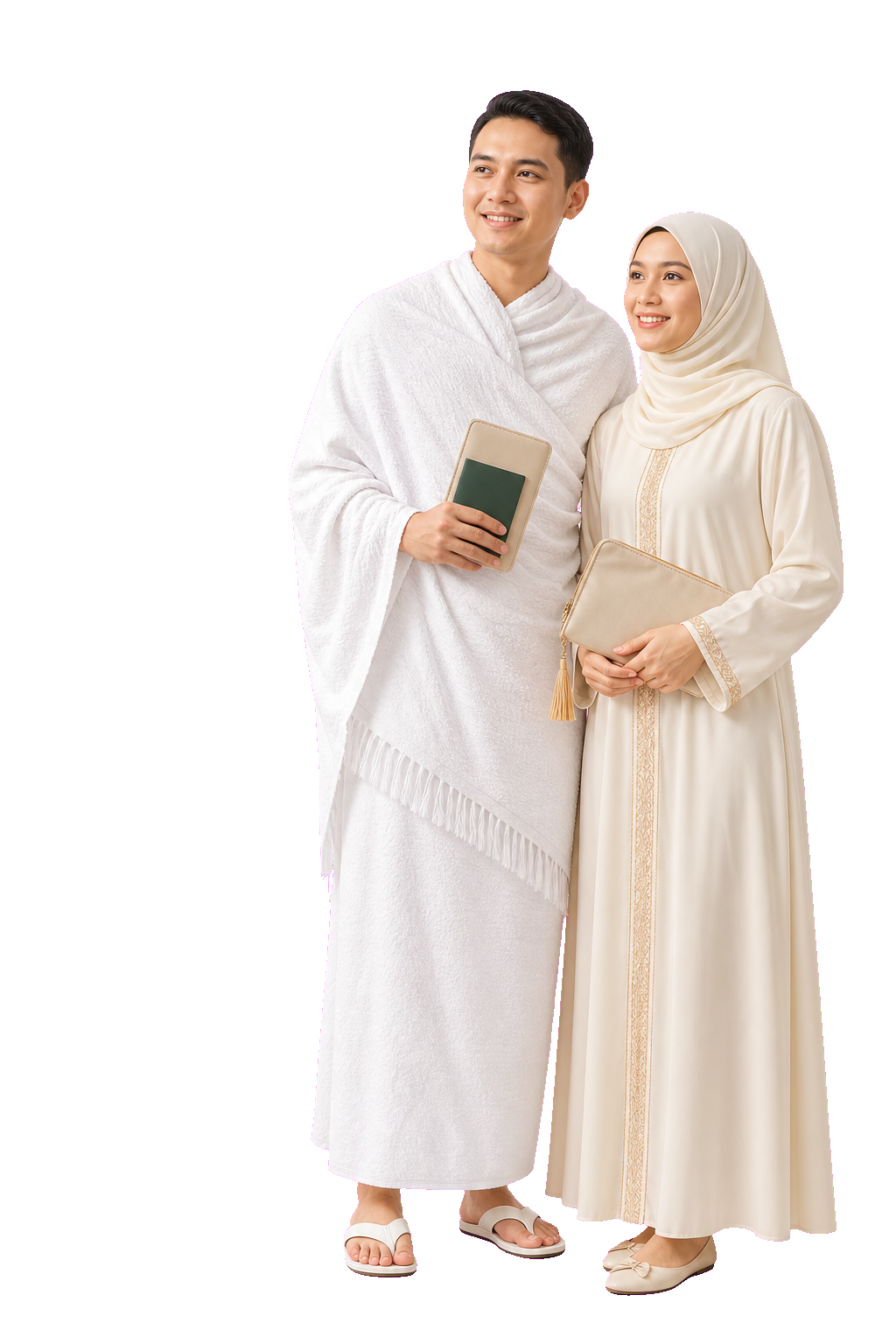 Pasangan jamaah memegang dokumen keberangkatan Umroh